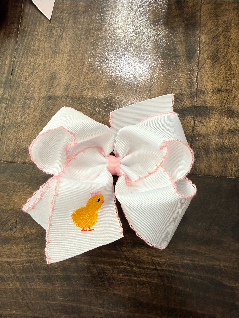 Wee Ones White and Pink Chick Embroidered Hair Bow